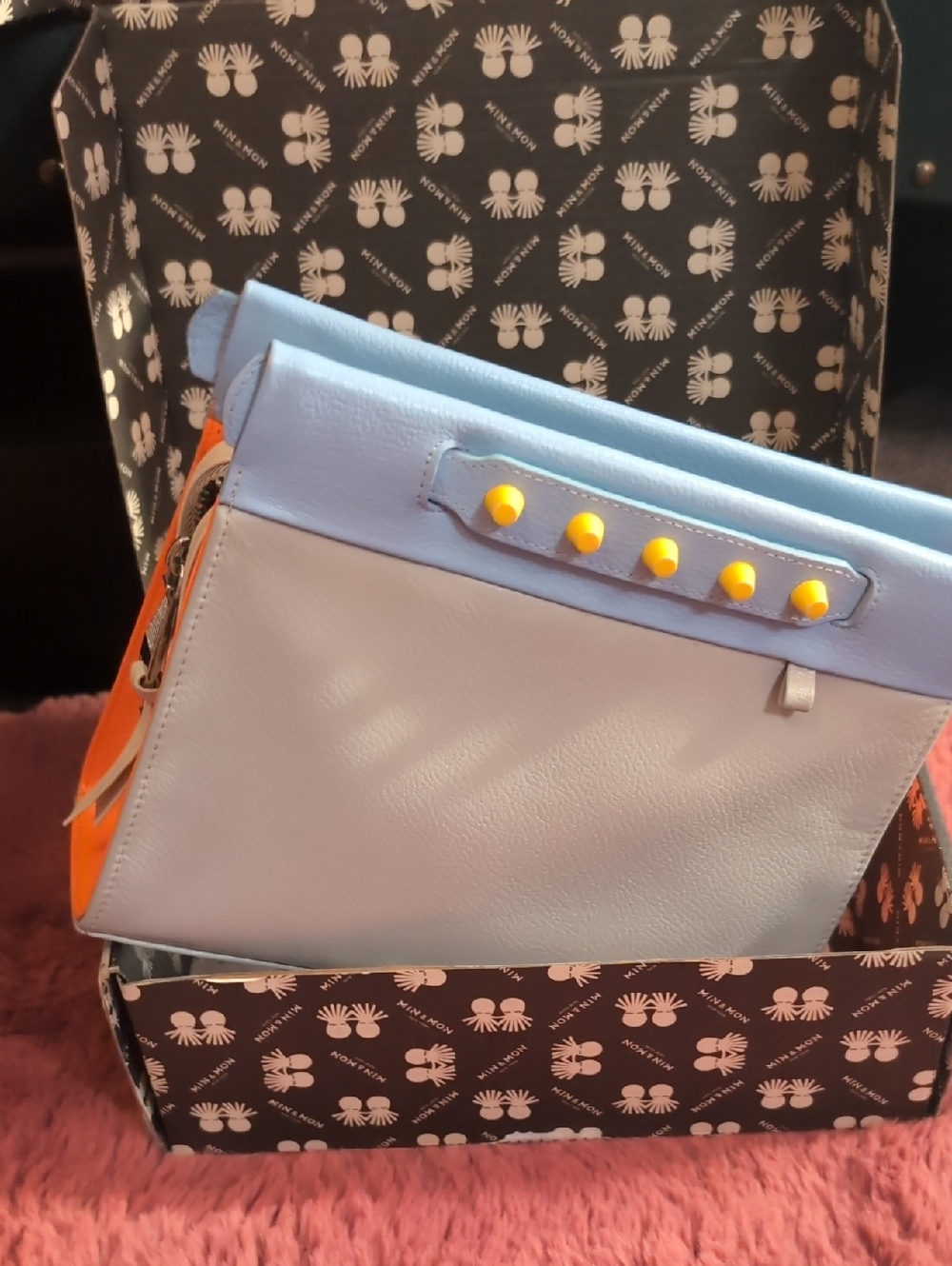 Min & Mon Two-Tone Light Blue and Orange Crossbody Bag with Yellow Studs